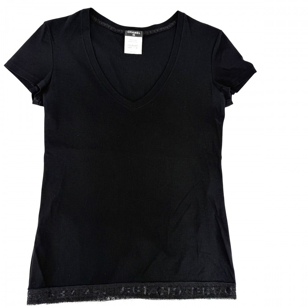CHANEL シャネル 半袖Ｔシャツ Vネック レース アパレル 服 トップス ロゴ 36 ブラック 黒 夏 コットン ポリエステル レディース【中古品】
