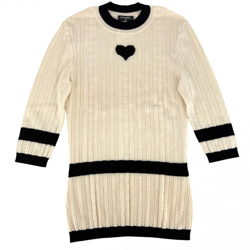 CHANEL シャネル トップス ココマーク ニット アパレル 服 ハート 36 アイボリー系 ブラック 黒 春 秋 ウール レディース【中古品】