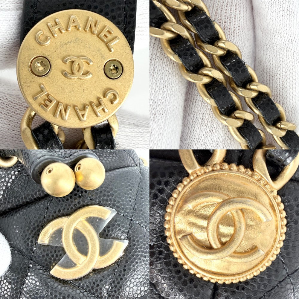 CHANEL シャネル ショルダーバッグ マトラッセ ココマーク ミニバッグ 巾着 キャビアスキン ブラック 黒 ゴールド金具 レディース【中古品】