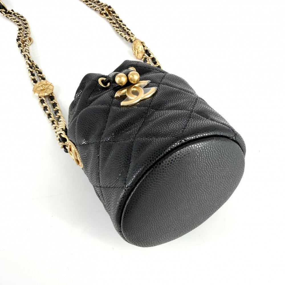 CHANEL シャネル ショルダーバッグ マトラッセ ココマーク ミニバッグ 巾着 キャビアスキン ブラック 黒 ゴールド金具 レディース【中古品】