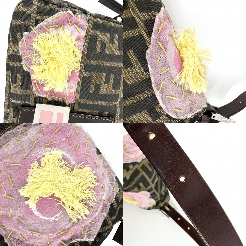 FENDI フェンディ ハンドバッグ マンマバケット 花柄刺繡 ナイロンキャンバス ブラウン 茶 ピンク シルバー金具 レディース【中古品】