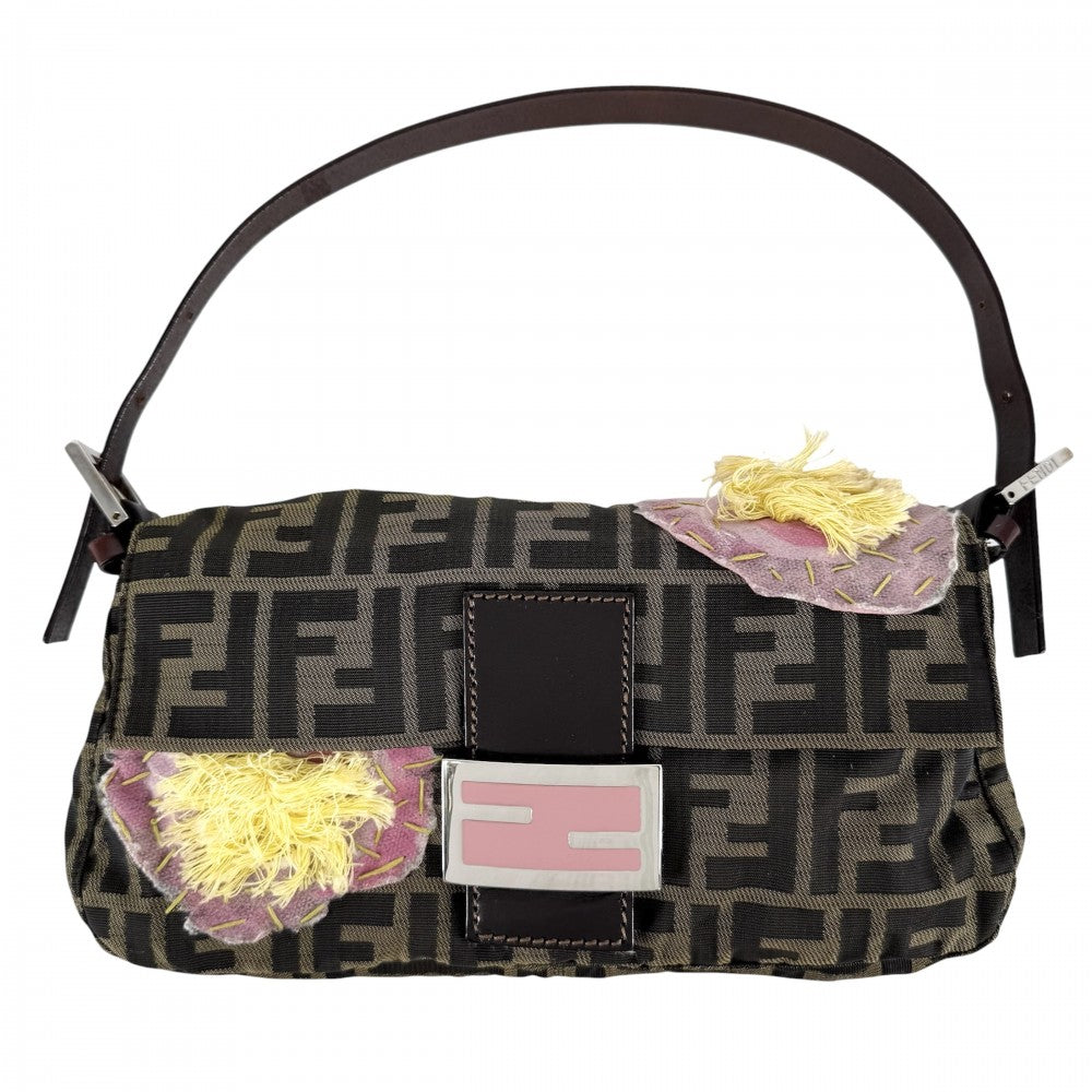 FENDI フェンディ ハンドバッグ マンマバケット 花柄刺繡 ナイロンキャンバス ブラウン 茶 ピンク シルバー金具 レディース【中古品】