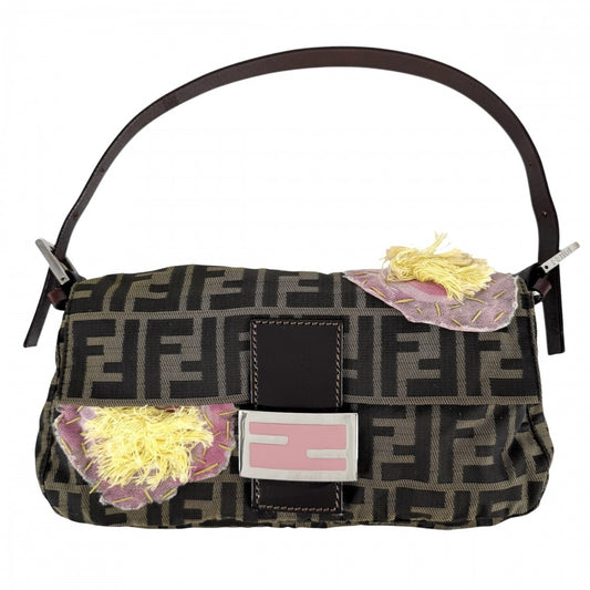 FENDI フェンディ ハンドバッグ マンマバケット 花柄刺繡 ナイロンキャンバス ブラウン 茶 ピンク シルバー金具 レディース【中古品】