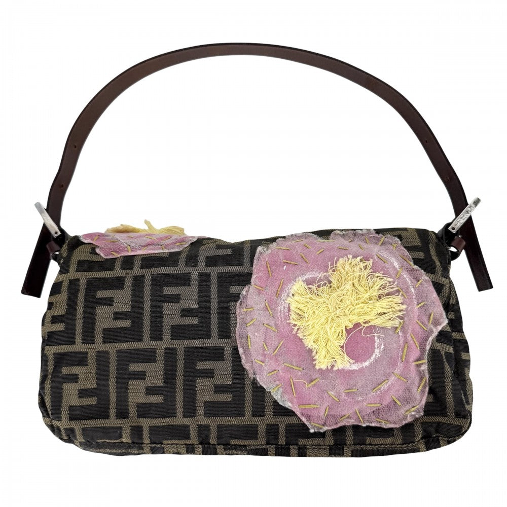 FENDI フェンディ ハンドバッグ マンマバケット 花柄刺繡 ナイロンキャンバス ブラウン 茶 ピンク シルバー金具 レディース【中古品】