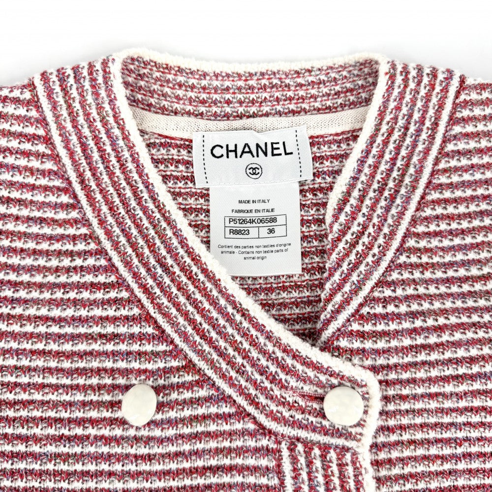 CHANEL シャネル セットアップ サマーニット ボーダー カーディガン ハーフパンツ アパレル 服 36 レッド 赤 ホワイト 白 春 秋 ペーパー コットン シルク レディース【中古品】