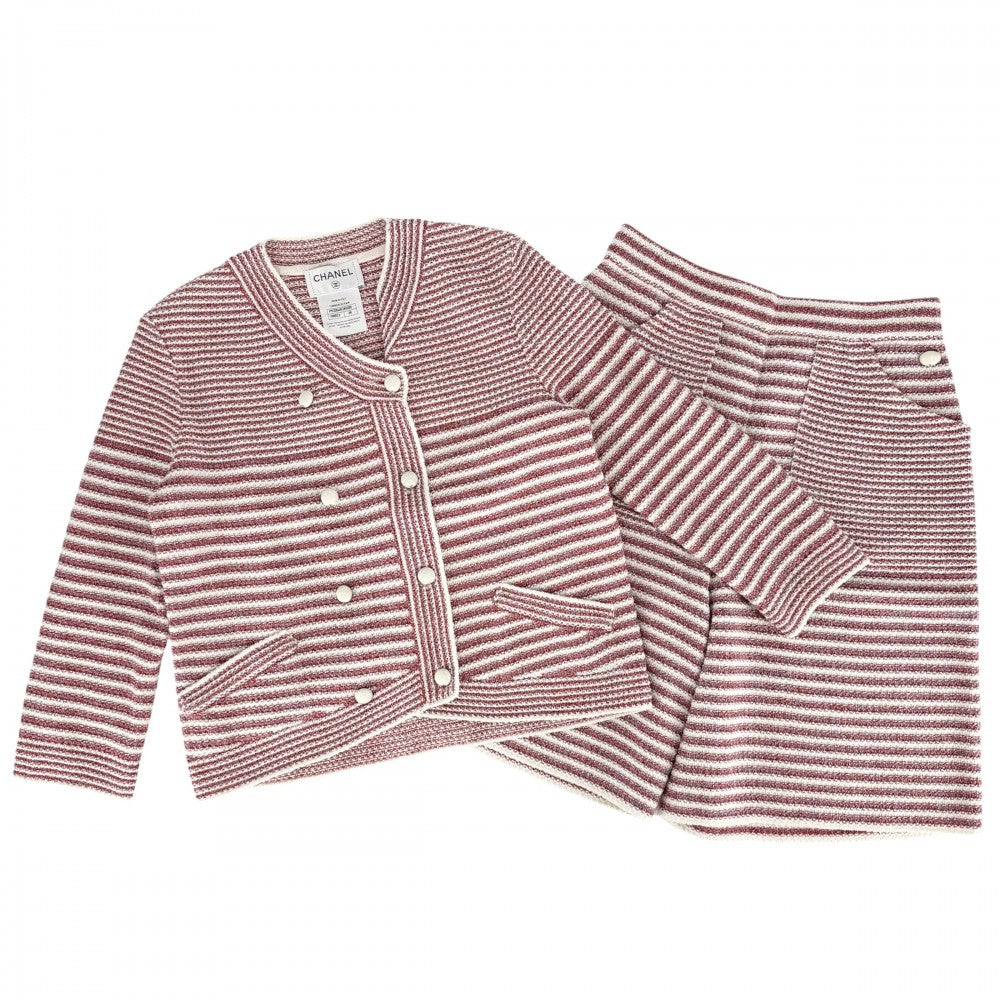 CHANEL シャネル セットアップ サマーニット ボーダー カーディガン ハーフパンツ アパレル 服 36 レッド 赤 ホワイト 白 春 秋 ペーパー コットン シルク レディース【中古品】