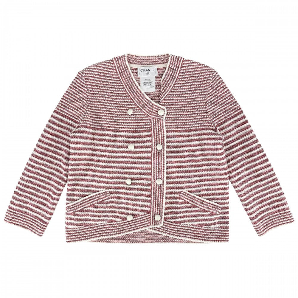 CHANEL シャネル セットアップ サマーニット ボーダー カーディガン ハーフパンツ アパレル 服 36 レッド 赤 ホワイト 白 春 秋 ペーパー コットン シルク レディース【中古品】
