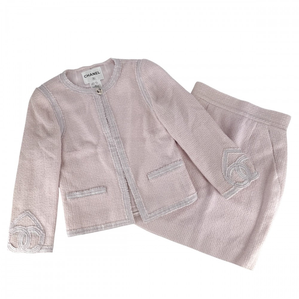 CHANEL シャネル セットアップ ツイード ノーカラージャケット スカート ココマーク アパレル 服 38 ピンク 春 秋 ウール ナイロン レディース 2009年【中古品】