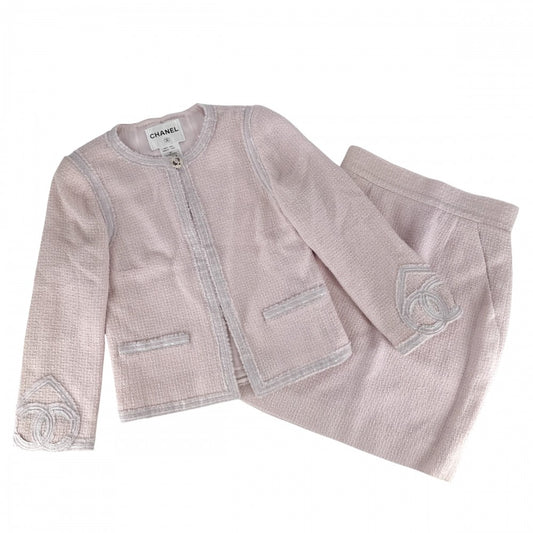CHANEL シャネル セットアップ ツイード ノーカラージャケット スカート ココマーク アパレル 服 38 ピンク 春 秋 ウール ナイロン レディース 2009年【中古品】