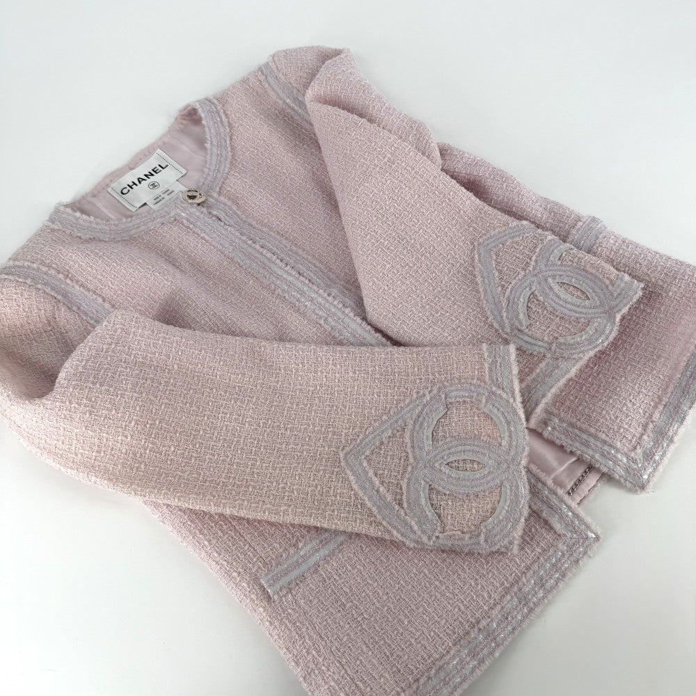 CHANEL シャネル セットアップ ツイード ノーカラージャケット スカート ココマーク アパレル 服 38 ピンク 春 秋 ウール ナイロン レディース 2009年【中古品】
