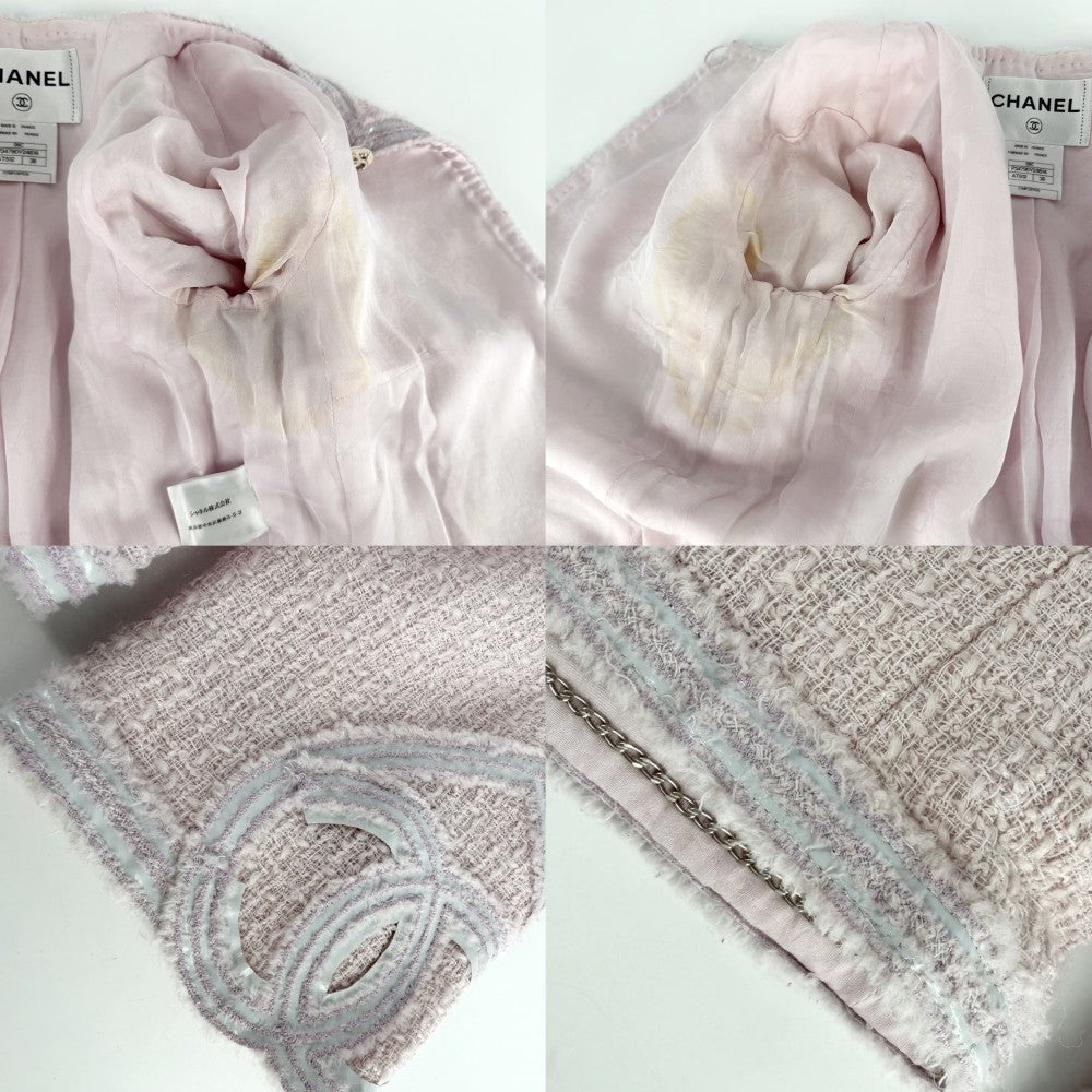 CHANEL シャネル セットアップ ツイード ノーカラージャケット スカート ココマーク アパレル 服 38 ピンク 春 秋 ウール ナイロン レディース 2009年【中古品】