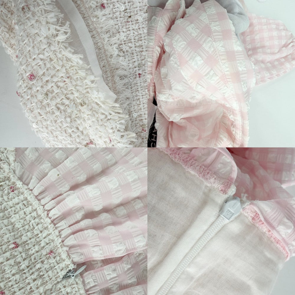 CHANEL シャネル ワンピース ツイード チェック アパレル ココボタン スパンコール 服 38 ピンク ホワイト 白 春 夏 秋 レディース【中古品】