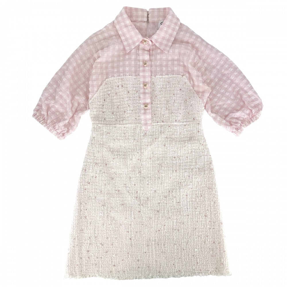 CHANEL シャネル ワンピース ツイード チェック アパレル ココボタン スパンコール 服 38 ピンク ホワイト 白 春 夏 秋 レディース【中古品】