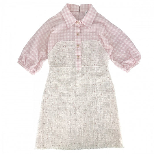 CHANEL シャネル ワンピース ツイード チェック アパレル ココボタン スパンコール 服 38 ピンク ホワイト 白 春 夏 秋 レディース【中古品】