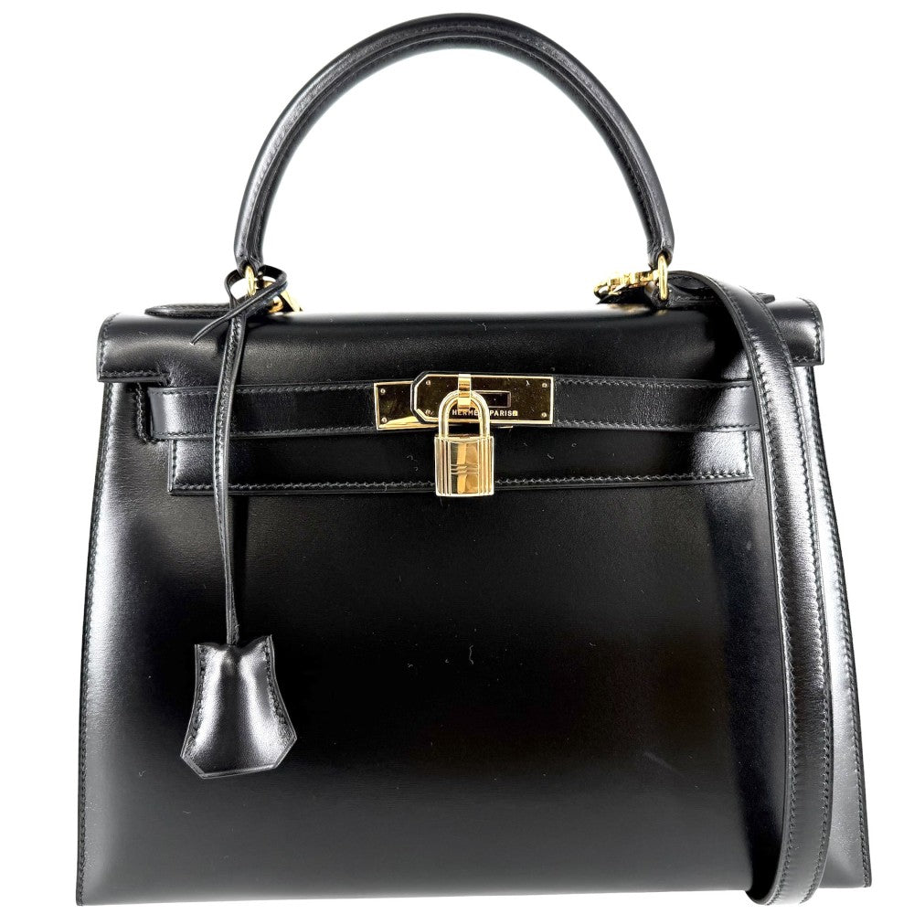 HERMES エルメス 2WAY ケリー28 外縫い ハンドバッグ ショルダーバッグ V刻印 レザー ブラック 黒 ゴールド金具 レディース 1966年【中古品】