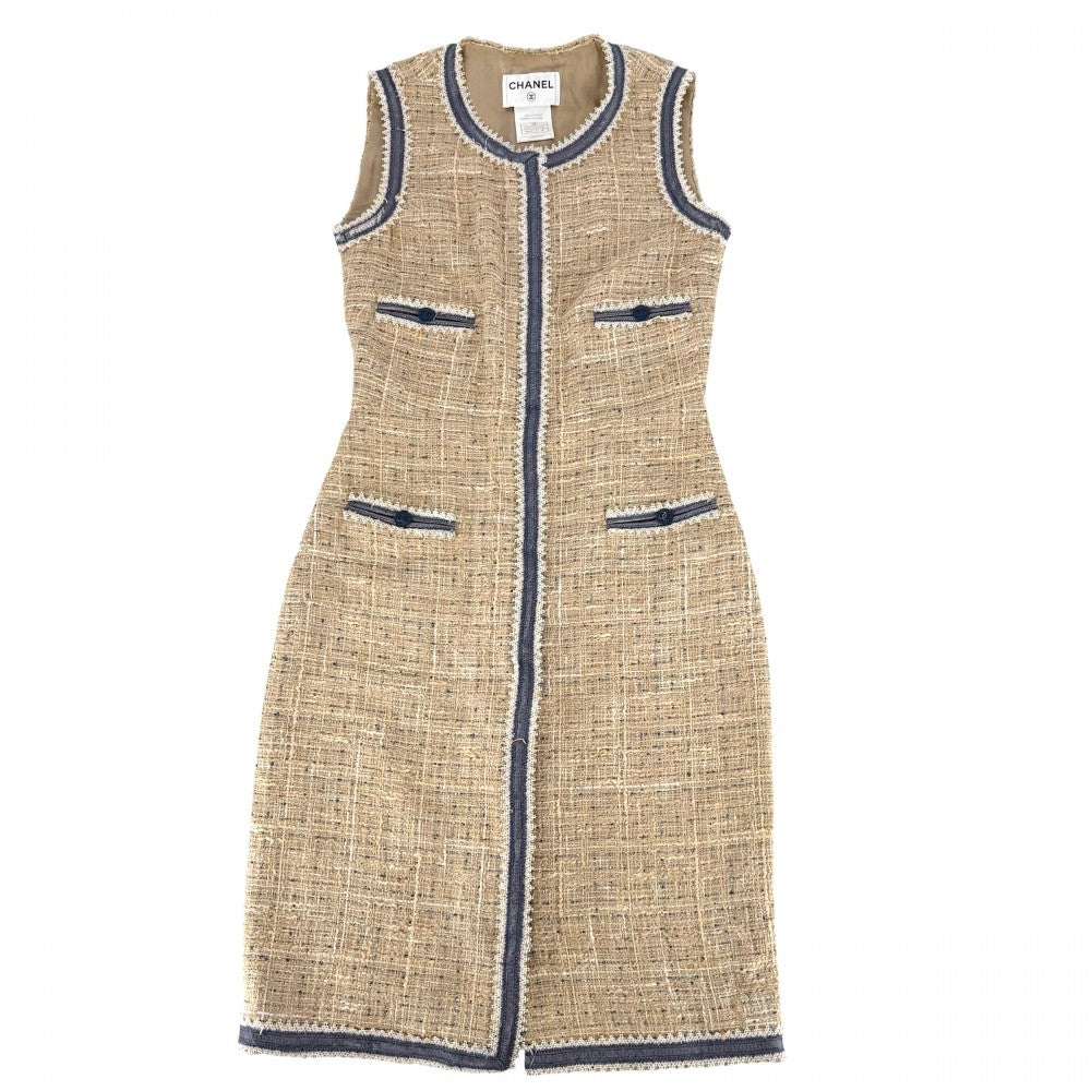 CHANEL シャネル ワンピース ツイード ノースリーブワンピース アパレル ココマーク 服 36 ベージュ ネイビー 紺 春 夏 レディース【中古品】