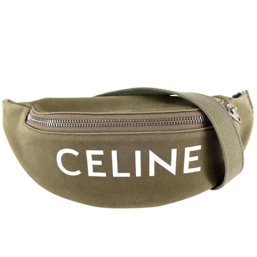 CELINE セリーヌ ボディバッグ ロゴ ウエストバッグ ベルトバッグ キャンバス カーキ シルバー金具 ユニセックス【中古品】
