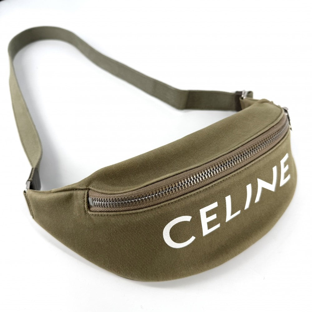 CELINE セリーヌ ボディバッグ ロゴ ウエストバッグ ベルトバッグ キャンバス カーキ シルバー金具 ユニセックス【中古品】