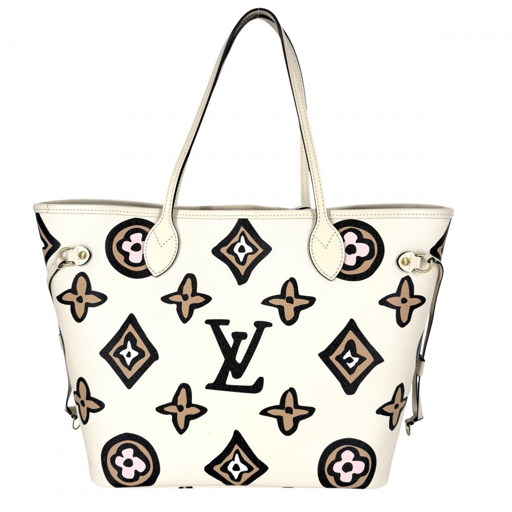 LOUIS VUITTON ルイヴィトン トートバッグ ネヴァーフルMM ハンドバッグ ワイルドアットハート レオパード アイボリー M45819 クレーム ブラック 黒 ゴールド金具 レディース【中古品】
