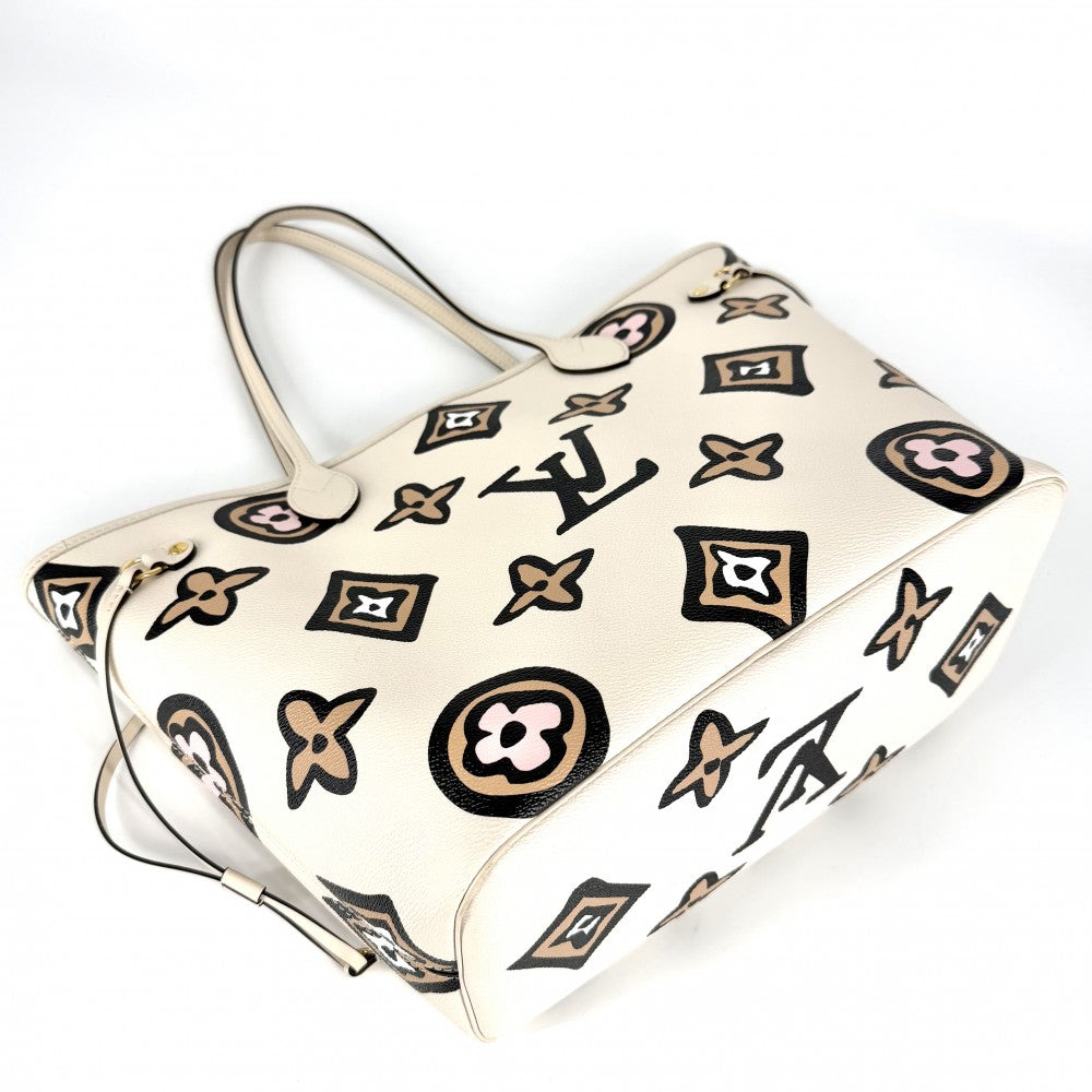 LOUIS VUITTON ルイヴィトン トートバッグ ネヴァーフルMM ハンドバッグ ワイルドアットハート レオパード アイボリー M45819 クレーム ブラック 黒 ゴールド金具 レディース【中古品】