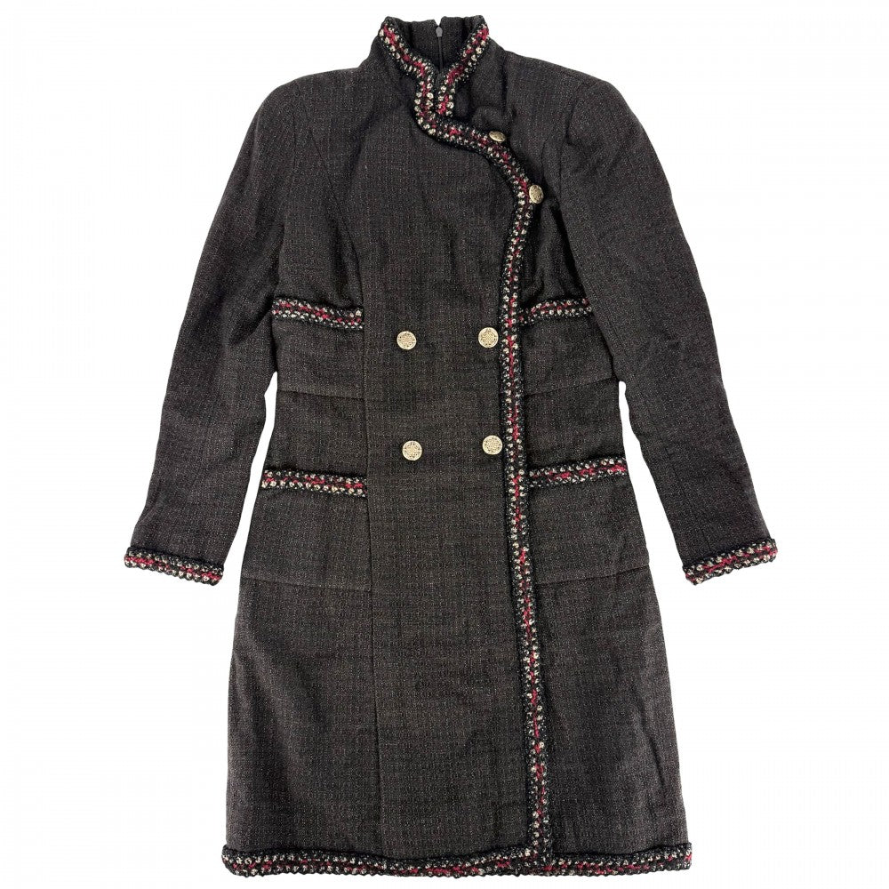 CHANEL シャネル ワンピース ツイード スタンドカラー アパレル 服 長袖 36 ブラウン 茶 ゴールド金具 秋 冬 レディース【中古品】