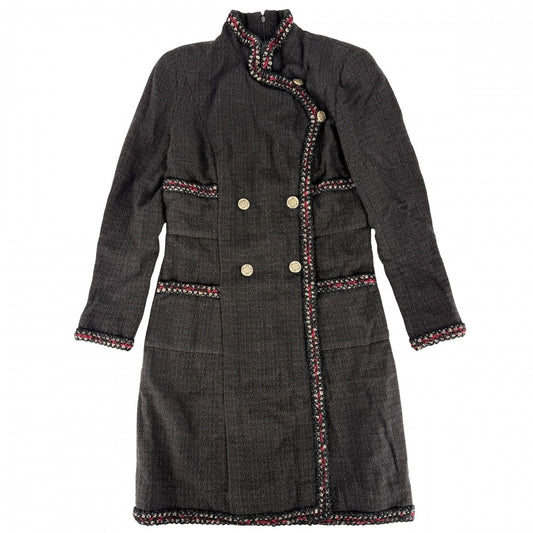 CHANEL シャネル ワンピース ツイード スタンドカラー アパレル 服 長袖 36 ブラウン 茶 ゴールド金具 秋 冬 レディース【中古品】