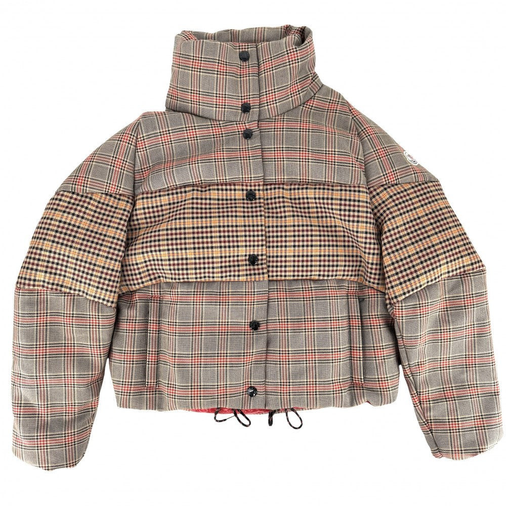 MONCLER モンクレール ダウンジャケット アウター チェック 2サイズ フード付き ブラウン系 シルバー金具 冬 ポリエステル 羊毛 レディース【中古品】