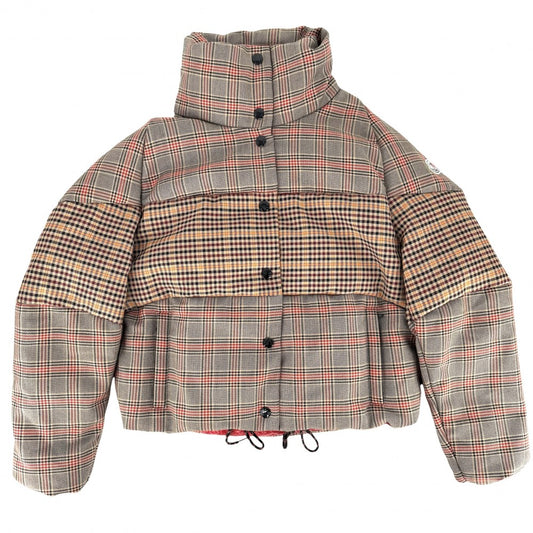 MONCLER モンクレール ダウンジャケット アウター チェック 2サイズ フード付き ブラウン系 シルバー金具 冬 ポリエステル 羊毛 レディース【中古品】