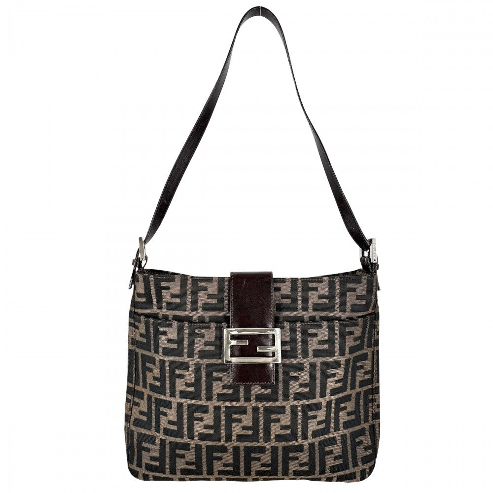 FENDI フェンディ ショルダーバッグ ズッカ ワンショルダー キャンバス レザー ブラウン 茶 シルバー金具 レディース【中古品】