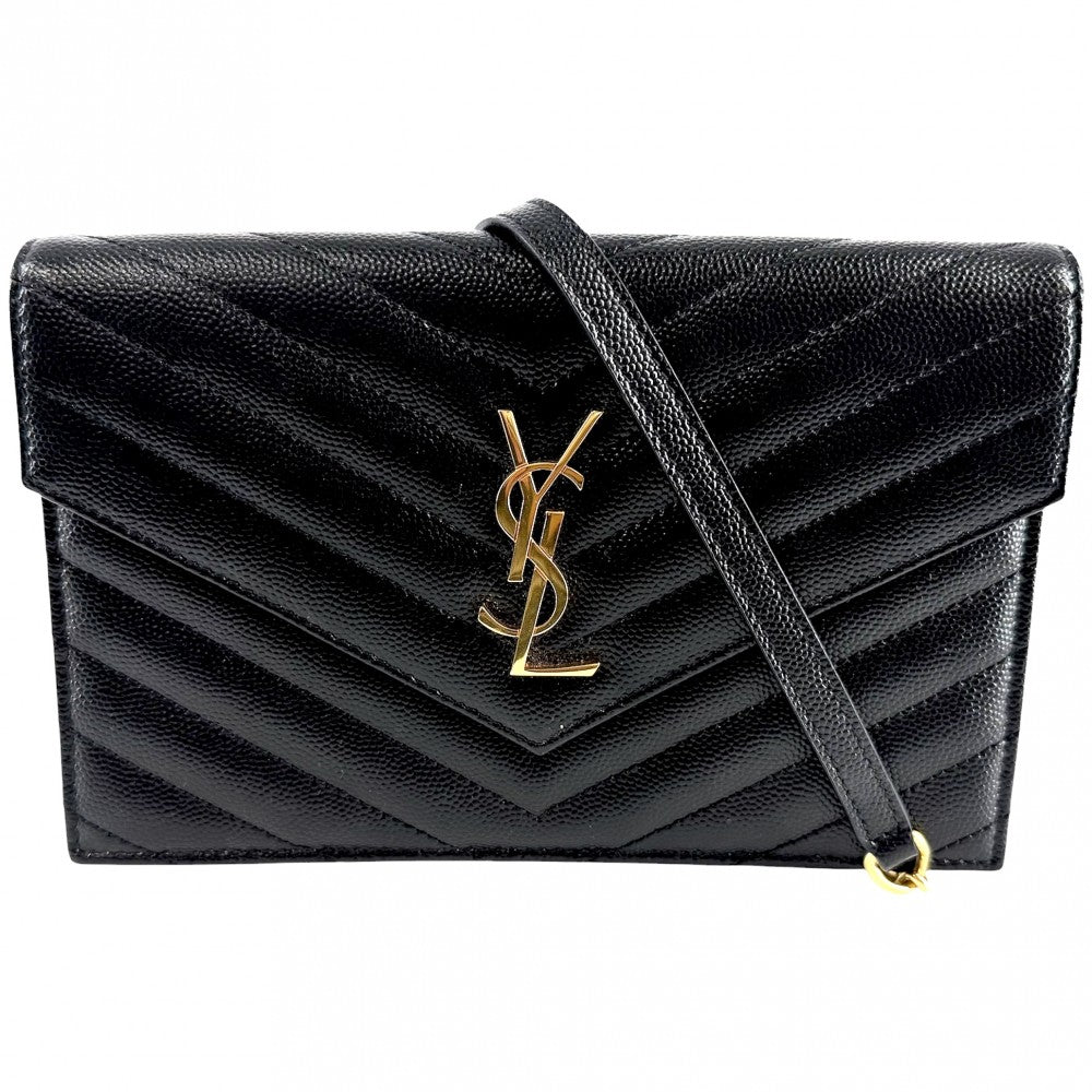 SAINT LAURENT PARIS サンローランパリ チェーンウォレット カサンドラ YSLロゴ ショルダーバッグ 393953 レザー ブラック 黒 ゴールド金具 レディース【中古品】