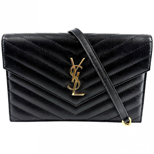 SAINT LAURENT PARIS サンローランパリ チェーンウォレット カサンドラ YSLロゴ ショルダーバッグ 393953 レザー ブラック 黒 ゴールド金具 レディース【中古品】