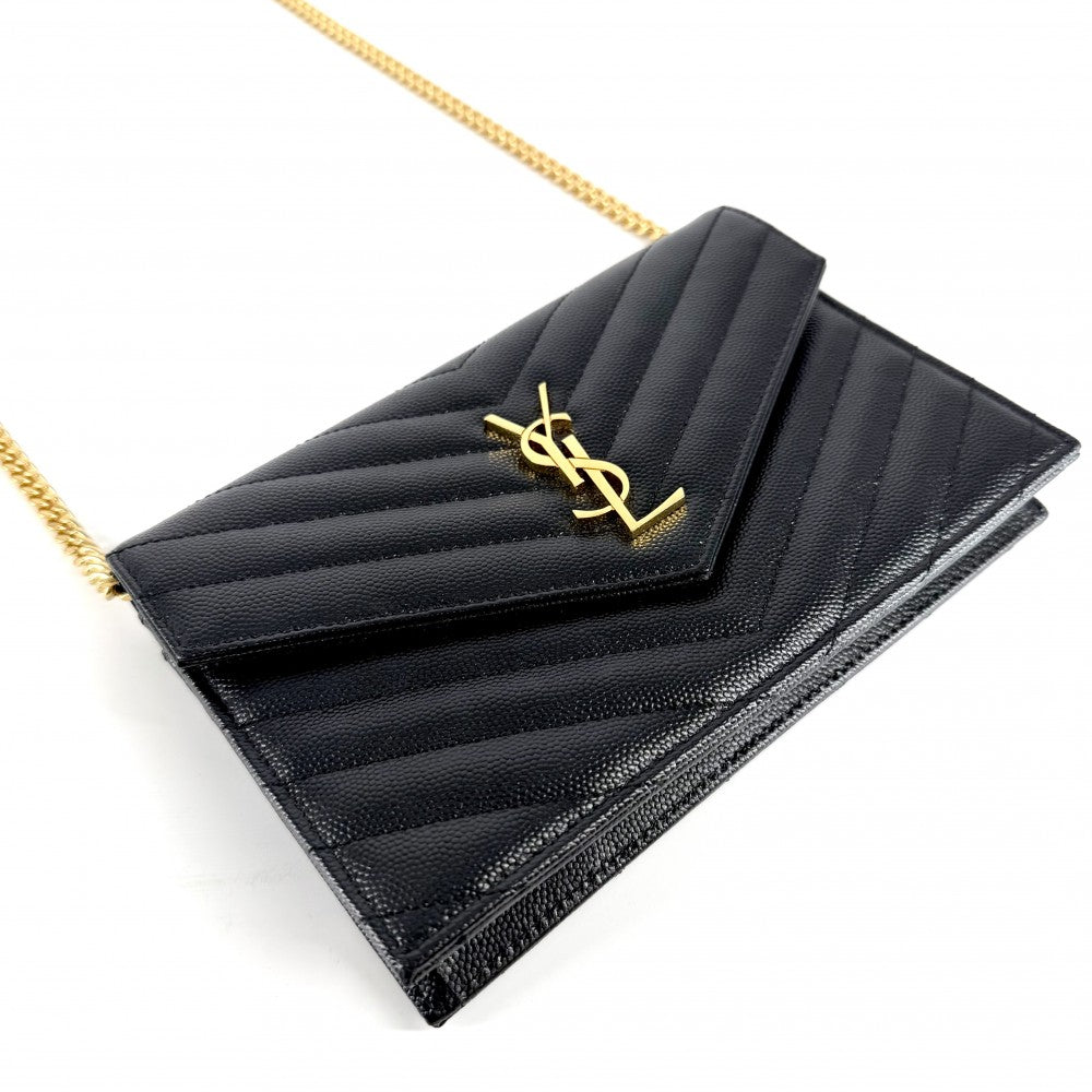 SAINT LAURENT PARIS サンローランパリ チェーンウォレット カサンドラ YSLロゴ ショルダーバッグ 393953 レザー ブラック 黒 ゴールド金具 レディース【中古品】