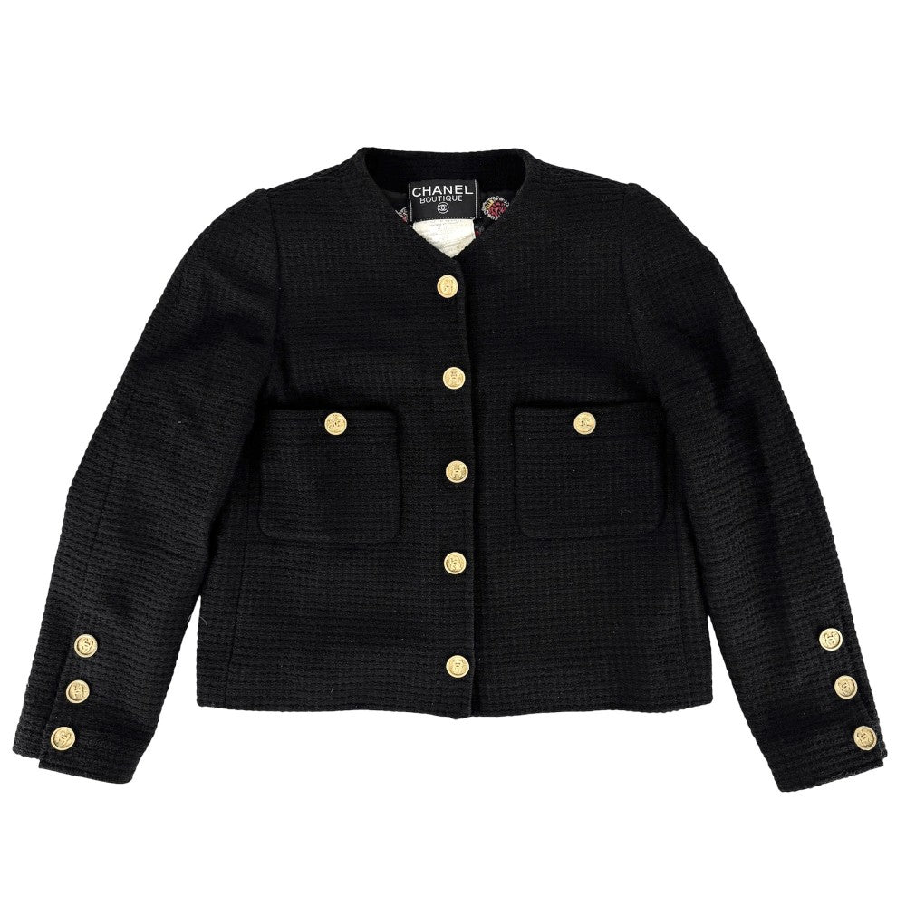 CHANEL シャネル セットアップ ココマーク チェーン ノーカラージャケット スカート ヴィンテージ アパレル 服 38 ブラック 黒 ゴールド金具 秋 冬 ウール レディース【中古品】