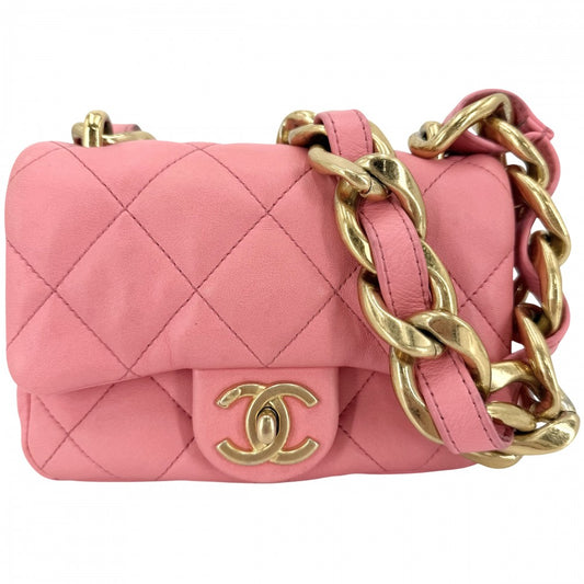 CHANEL シャネル ショルダーバッグ ミニマトラッセ チェーンショルダー ターンロック Mini Matelasse ココマーク レザー ピンク ゴールド金具 レディース【中古品】