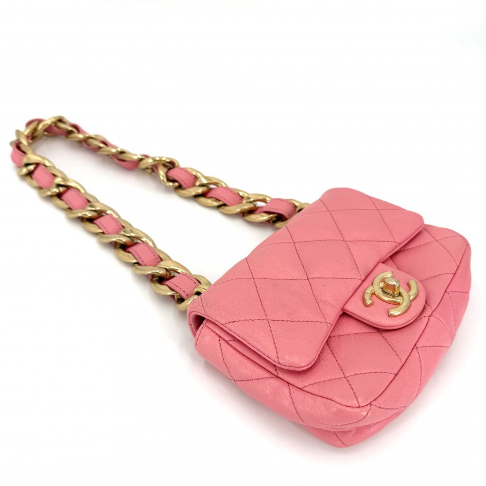 CHANEL シャネル ショルダーバッグ ミニマトラッセ チェーンショルダー ターンロック Mini Matelasse ココマーク レザー ピンク ゴールド金具 レディース【中古品】