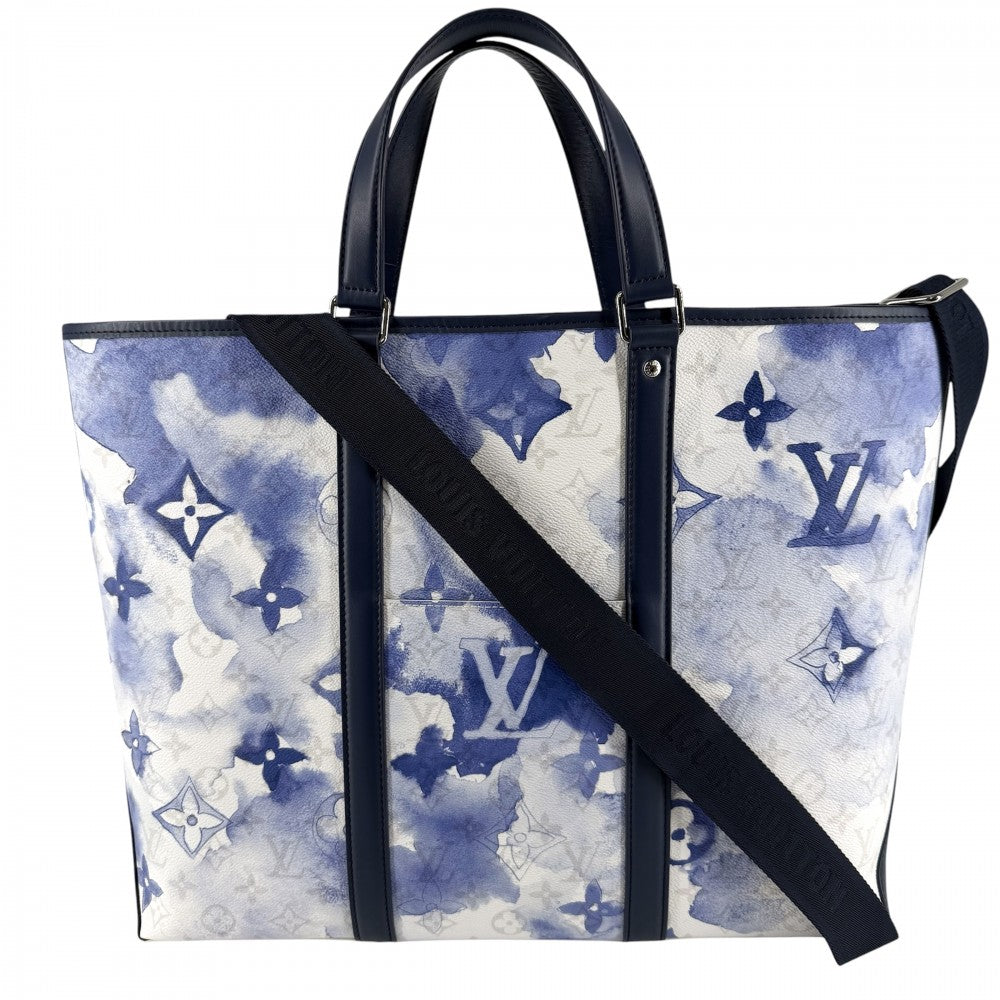 LOUIS VUITTON ルイヴィトン 2WAY モノグラムウォーターカラー ウィークエンド トートGM ハンドバッグ ショルダーバッグ M45755 ブルー 青 ホワイト 白 シルバー金具 メンズ【中古品】