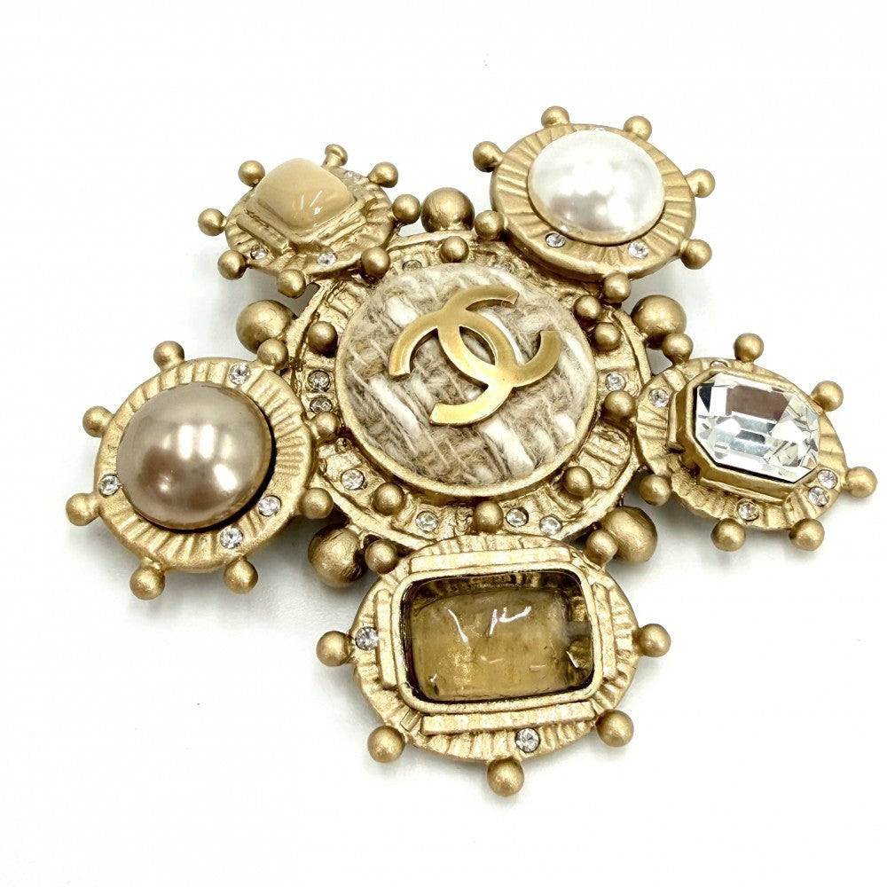 CHANEL シャネル ブローチ ココマーク ツイード アクセサリー ビジュー GP フェイクパール ラインストーン 05Ａ レディース 約39.6g 2005年【中古品】