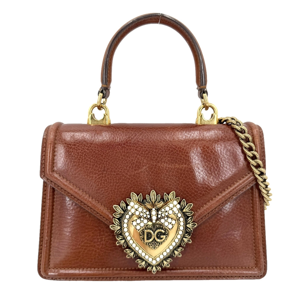 DOLCE&GABBANA ドルチェアンドガッバーナ 2WAY ディヴォーション スモール チェーン DEVOTION ハート ドルガバ かばん 鞄 レザー ブラウン 茶 ゴールド金具 レディース【中古品】