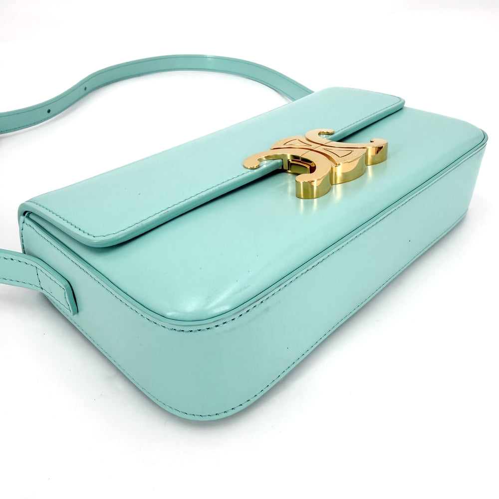 CELINE セリーヌ ショルダーバッグ トリオンフ クロード ミニバッグ レザー ライトブルー ゴールド金具 レディース【中古品】