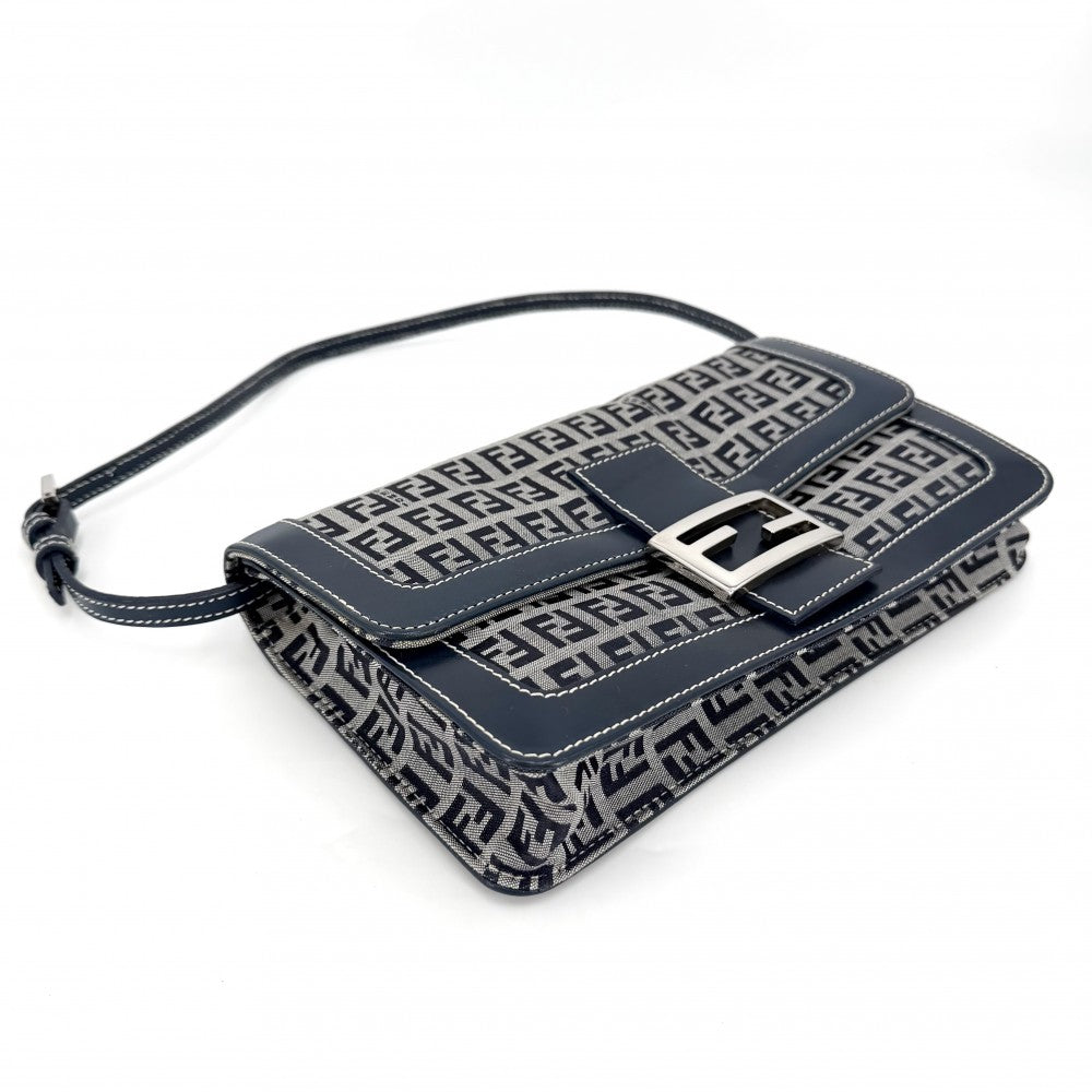 FENDI フェンディ ハンドバッグ ズッキーノ セミショルダーバッグ キャンバス レザー ネイビー 紺 シルバー金具 レディース【中古品】