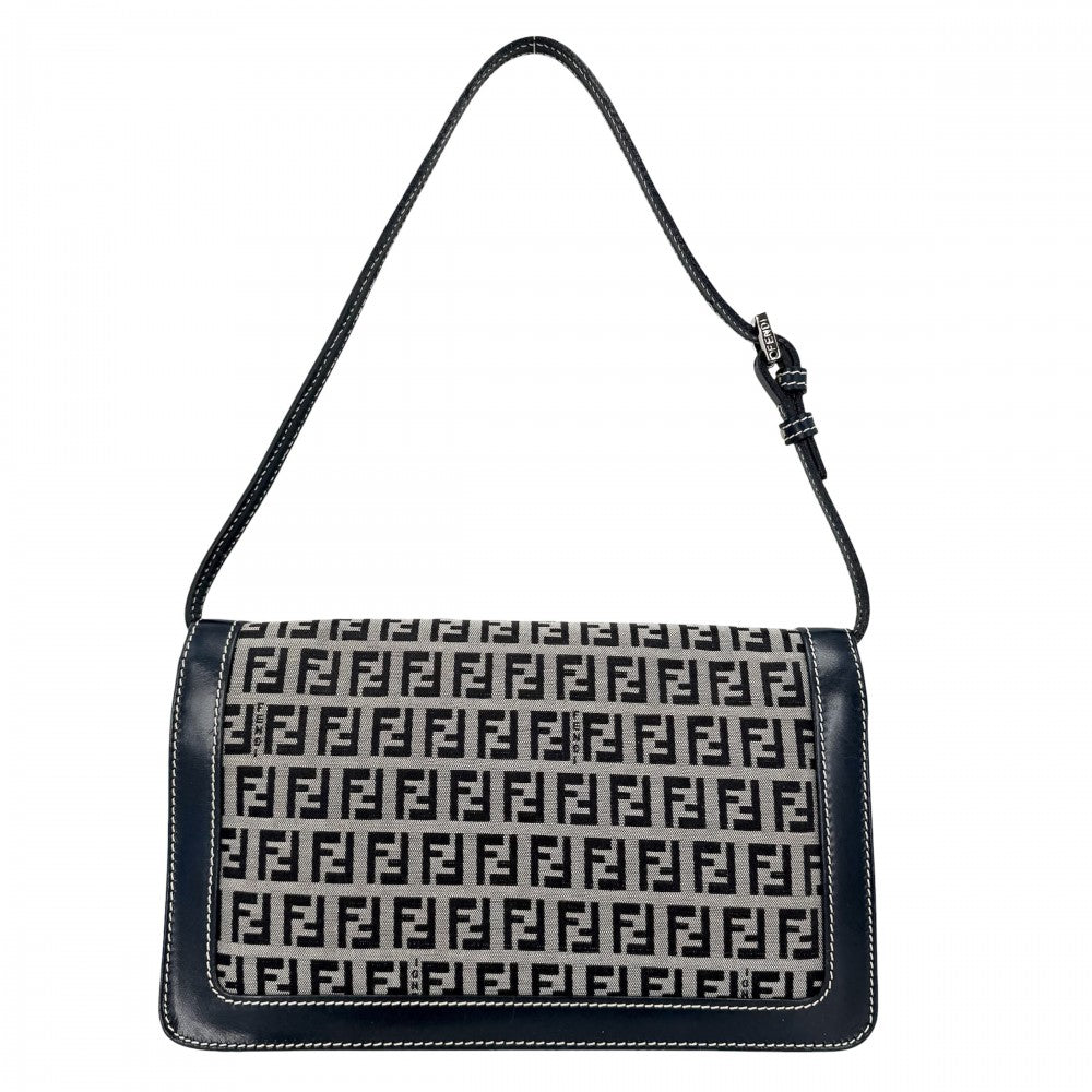 FENDI フェンディ ハンドバッグ ズッキーノ セミショルダーバッグ キャンバス レザー ネイビー 紺 シルバー金具 レディース【中古品】