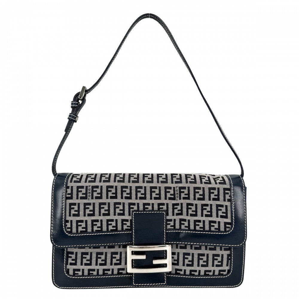 FENDI フェンディ ハンドバッグ ズッキーノ セミショルダーバッグ キャンバス レザー ネイビー 紺 シルバー金具 レディース【中古品】