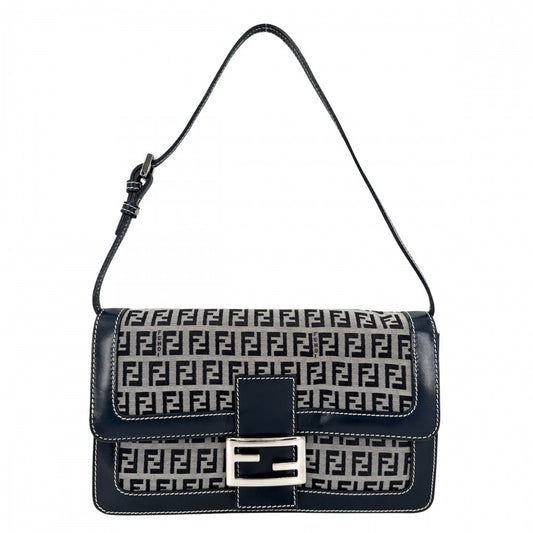 FENDI フェンディ ハンドバッグ ズッキーノ セミショルダーバッグ キャンバス レザー ネイビー 紺 シルバー金具 レディース【中古品】