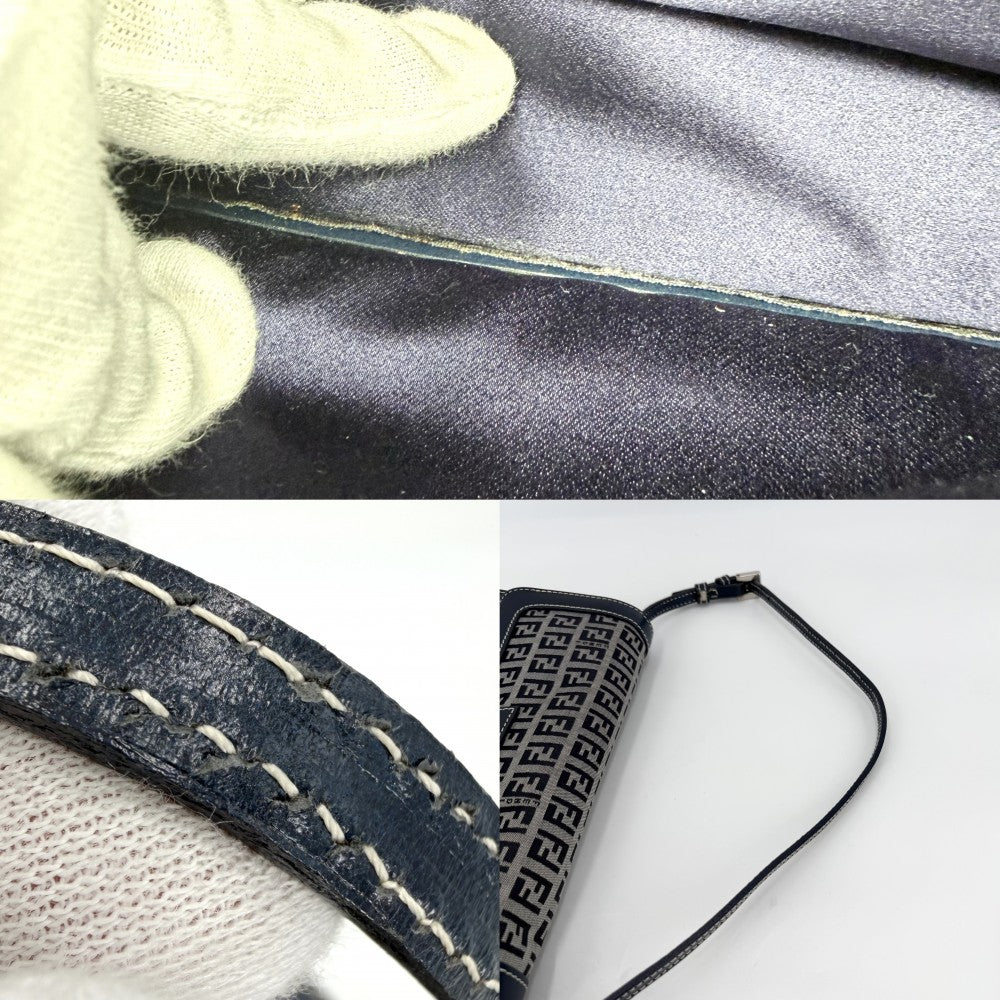 FENDI フェンディ ハンドバッグ ズッキーノ セミショルダーバッグ キャンバス レザー ネイビー 紺 シルバー金具 レディース【中古品】