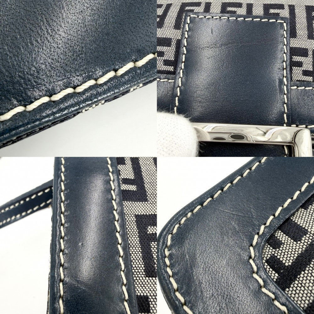 FENDI フェンディ ハンドバッグ ズッキーノ セミショルダーバッグ キャンバス レザー ネイビー 紺 シルバー金具 レディース【中古品】
