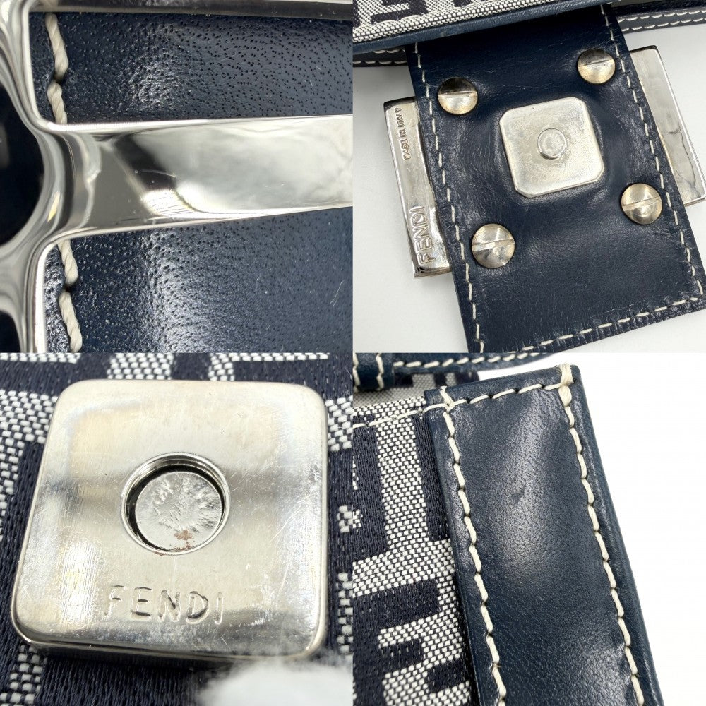 FENDI フェンディ ハンドバッグ ズッキーノ セミショルダーバッグ キャンバス レザー ネイビー 紺 シルバー金具 レディース【中古品】