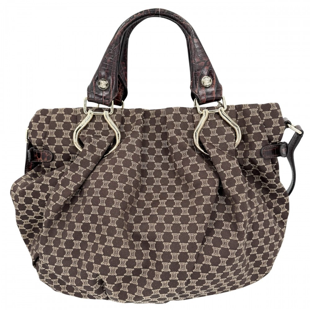 CELINE セリーヌ 2WAY マカダム ハンドバッグ ショルダーバッグ キャンバス レザー ブラウン 茶 ゴールド金具 レディース【中古品】