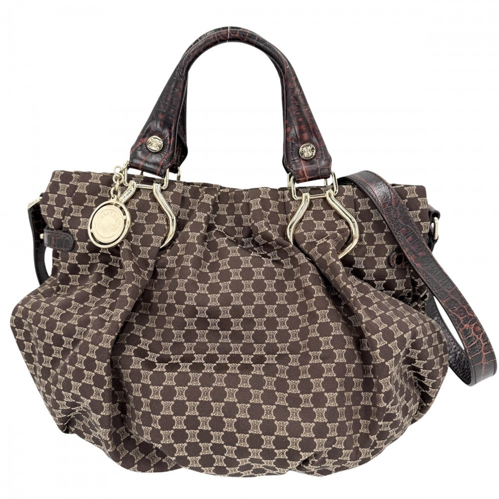 CELINE セリーヌ 2WAY マカダム ハンドバッグ ショルダーバッグ キャンバス レザー ブラウン 茶 ゴールド金具 レディース【中古品】