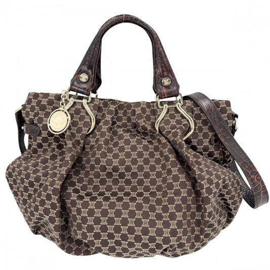 CELINE セリーヌ 2WAY マカダム ハンドバッグ ショルダーバッグ キャンバス レザー ブラウン 茶 ゴールド金具 レディース【中古品】