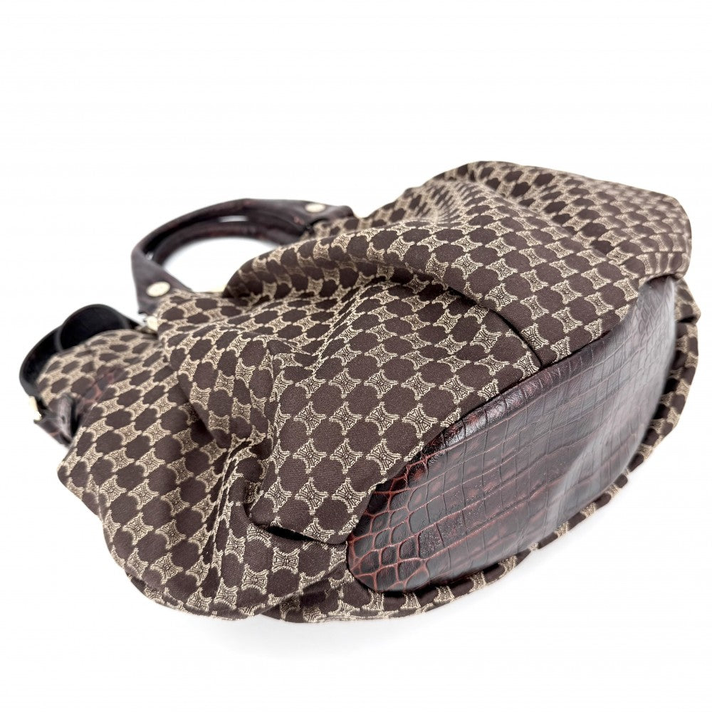 CELINE セリーヌ 2WAY マカダム ハンドバッグ ショルダーバッグ キャンバス レザー ブラウン 茶 ゴールド金具 レディース【中古品】